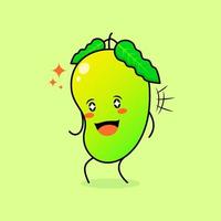 lindo personaje de mango con sonrisa y expresión feliz, boca abierta y ojos brillantes. verde y naranja. adecuado para emoticonos, logotipos, mascotas e iconos vector