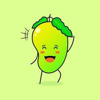 lindo personaje de mango con sonrisa y expresión feliz, ojos cerrados y una mano arriba. verde y naranja. adecuado para emoticonos, logotipos, mascotas e iconos vector