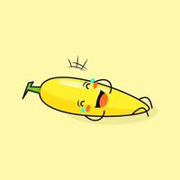 cute banana character with smile and happy expression, lie down, close eyes and tears. green and yellow. suitable for emoticon, logo, mascot and icon vector