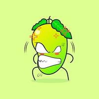 lindo personaje de mango con expresión enojada. ojos saltones y sonrientes. adecuado para emoticonos, logotipos, mascotas y adhesivos. verde y naranja vector