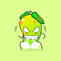 lindo personaje de mango con expresión enojada. la nariz echando humo, los ojos saltones y sonriendo. verde y naranja. adecuado para emoticonos, logotipos, mascotas vector