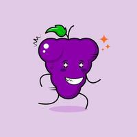 lindo personaje de uva con expresión feliz, ojos brillantes, correr y sonreír. verde y morado. adecuado para emoticonos, logotipos, mascotas e iconos vector