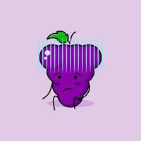 lindo personaje de uva con expresión desesperada y sentarse. verde y morado. adecuado para emoticonos, logotipos, mascotas e iconos vector