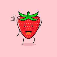 cute red apple character with smile and happy expression, close eyes and one hand up. green and red. suitable for emoticon, logo, mascot and icon vector