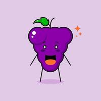 lindo personaje de uva con sonrisa y expresión feliz, boca abierta y ojos brillantes. verde y morado. adecuado para emoticonos, logotipos, mascotas e iconos vector