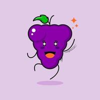 lindo personaje de uva con sonrisa y expresión feliz, salto, una mano arriba, boca abierta y ojos brillantes. verde y morado. adecuado para emoticonos, logotipos, mascotas e iconos vector