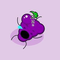 lindo personaje de uva con expresión de sueño, acostarse, cerrar los ojos y abrir la boca. verde y morado. adecuado para emoticonos, logotipos, mascotas e iconos vector