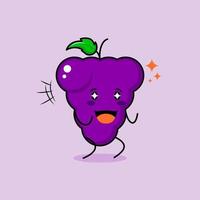 cute grape character with smile and happy expression, two hands clenched and sparkling eyes. green and purple. suitable for emoticon, logo, mascot and icon vector