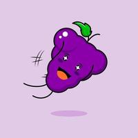 lindo personaje de uva con sonrisa y expresión feliz, mosca de salto, boca abierta y ojos brillantes. verde y morado. adecuado para emoticonos, logotipos, mascotas e iconos vector