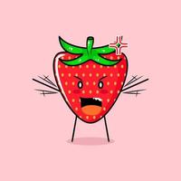 cute strawberry character with angry expression. green and red. suitable for emoticon, logo, mascot. both hands raised and mouth open vector