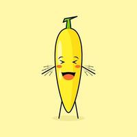 lindo personaje de plátano con sonrisa y expresión feliz, ojos cerrados, boca abierta y ambas manos temblando. verde y amarillo. adecuado para emoticonos, logotipos, mascotas e iconos vector