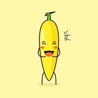 cute banana character with smile and happy expression, close eyes and mouth open. green and yellow. suitable for emoticon, logo, mascot and icon vector