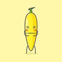 lindo personaje de plátano con sonrisa y expresión feliz, ojos cerrados, ambas manos en el estómago y sonriendo. verde y amarillo. adecuado para emoticonos, logotipos, mascotas e iconos vector