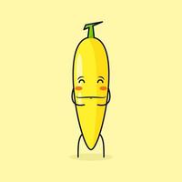 cute banana character with smile and happy expression, close eyes, both hands on stomach and smiling. green and yellow. suitable for emoticon, logo, mascot and icon vector