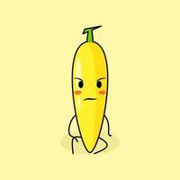 lindo personaje de plátano con expresión de intimidación y sentarse. verde y amarillo. adecuado para emoticonos, logotipos, mascotas vector