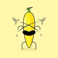 lindo personaje de plátano con expresión sorprendida y boca abierta. verde y amarillo. adecuado para emoticonos, logotipos, mascotas e iconos vector