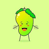 lindo personaje de mango con sonrisa y expresión feliz, ojos cerrados, boca abierta y ambas manos temblando. verde y naranja. adecuado para emoticonos, logotipos, mascotas e iconos vector