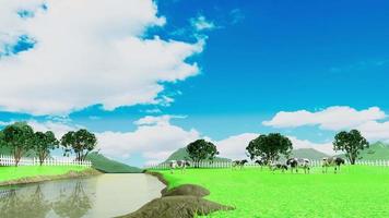 Moving white cloud  out of focus backgrounds in a wide meadow. There are cows walking to eat grass. The sky is clear. Extensive grassland scenery. 3D rendering. video