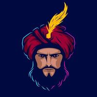 Sultan arabian king logo vector line neon art potrait colorful design with dark background. Abstract graphic illustration. Isolated black background for t-shirt