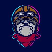 Funny funky bulldog biker pop art logo. Colorful retro dog design with dark background. Abstract vector illustration. Isolated black background for t-shirt, poster, clothing, merch, apparel.