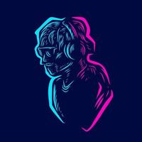 Music man gamer line pop art potrait logo colorful design with dark background. Abstract vector illustration. Isolated black background for t-shirt, poster, clothing, merch, apparel, badge design