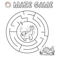 Maze puzzle game for children. Outline circle maze or labyrinth game with seal. vector