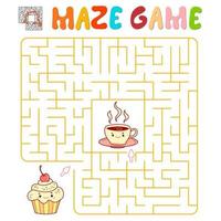 Maze puzzle game for children. Maze or labyrinth game with cake and tea. vector