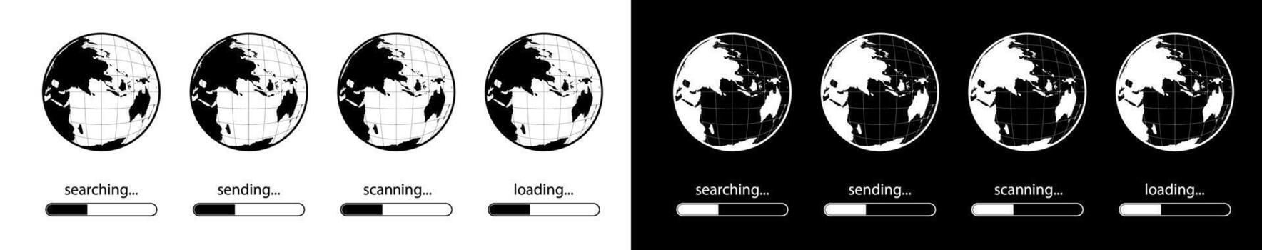 Indicator of loading, sending, scanning, searching the Internet. Information on the world wide web. Data security. Set of icons. Black and white vector