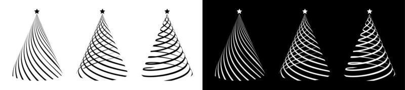 Set of silhouettes of Christmas trees, stylized entwined with a festive ribbon. Christmas and New Year 2021. Icons. Black and white vector