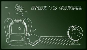 back to school, web banner with backpack and globe drawn in chalk on a blackboard. September 1, beginning of year at school. Student Accessories. Vector