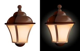 realistic street lamp with candle inside and translucent glass walls. Lanterns and lighting for holidays. Warm and cozy light. Color vector