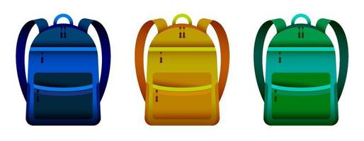 set of bright school backpacks in realistic style, icons. Foreground. September 1, beginning of a year at school. Vector student accessories on white background