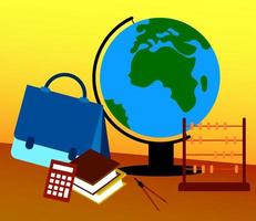 set of school items on the table. Backpack, globe, calculator, books. September 1, beginning of school year. Set of square vector icons on white background