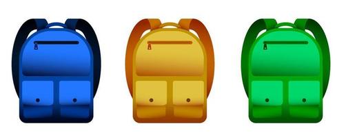 set of bright school backpacks in realistic style, icons. Foreground. September 1, beginning of year at school. Vector student accessories on a white background