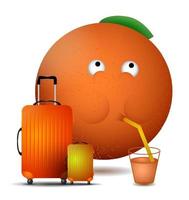 tanned orange waiting at airport for a plane and drinks orange juice through a straw from glass. Summer vacation at sea. Vector in cartoon style