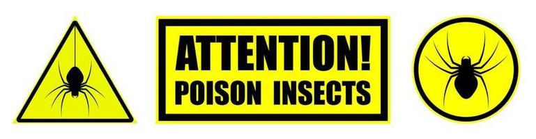 Attack of poisonous insects, spiders. Set of yellow black danger signs, attention. Isolated vector