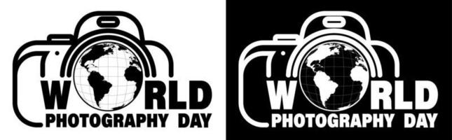 World Photography Day August 19th. Globe in the camera lens. Logo for printing on clothes and banners. Black and white vector