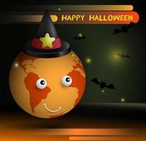 Joyful planet earth in wizard hat celebrates Halloween. Bats and fireflies are flying around. Atmosphere of celebration and witchcraft. Vector