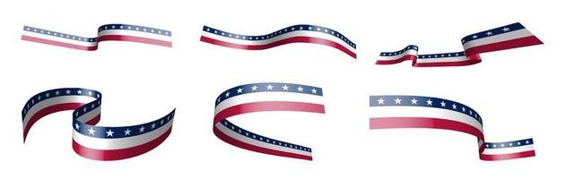 Set of holiday ribbons. American flag waving in wind. Separation into lower and upper layers. Design element. Vector on white background