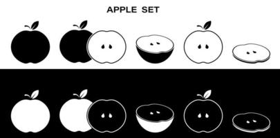 fulll set of apple icons. Whole, cut, slice and ringlet. Part of menu design. Black and white vector