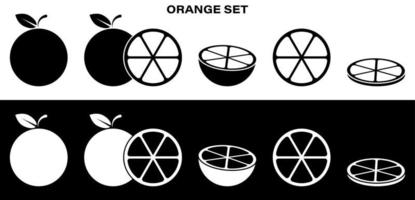 fulll set of orange, grapefruit, mandarin icons. Whole, cut, slice and ringlet. Part of menu design. Black and white vector