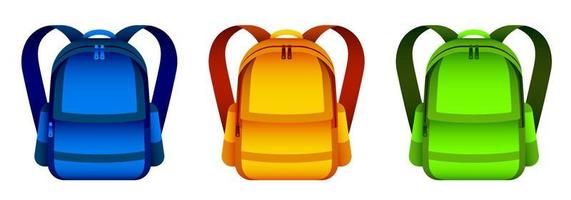 set of bright school backpacks in realistic style, icon. Foreground. September 1, beginning of year at school. Vector student accessories on a white background