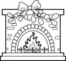Christmas coloring book or page for kids. Fireplace black and white vector illustration