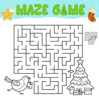 Christmas Maze puzzle game for children. Outline maze or labyrinth game with christmas Bird. vector