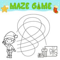 Christmas Maze puzzle game for children. Outline maze or labyrinth. Find path game with christmas boy elf. vector