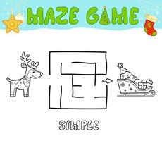 Christmas Maze puzzle game for children. Simple outline maze or labyrinth game with christmas sleigh and reindeer. vector