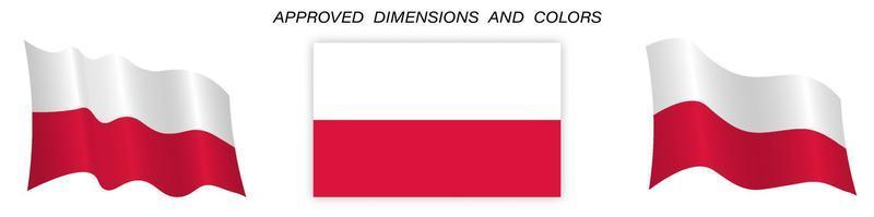 bandera de polonia en posición estática y en movimiento, desarrollándose en el viento en colores y tamaños exactos, sobre un fondo blanco vector