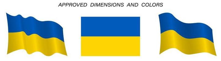 Ukrainian flag in static position and in motion, developing in the wind. Exact sizes and colors on a white background vector