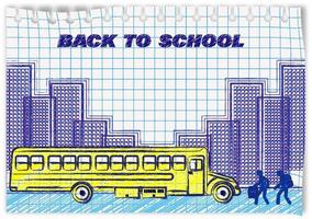 Drawing on a notebook sheet in ink. Back to school. Children go to the yellow bus. September 1 is beginning of the school year. Life in a metropolis. Vector