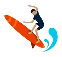 man riding on the waves on a surfboard. Summer active sea vacation. Tropical hawaii lifestyle. Vector on a white background